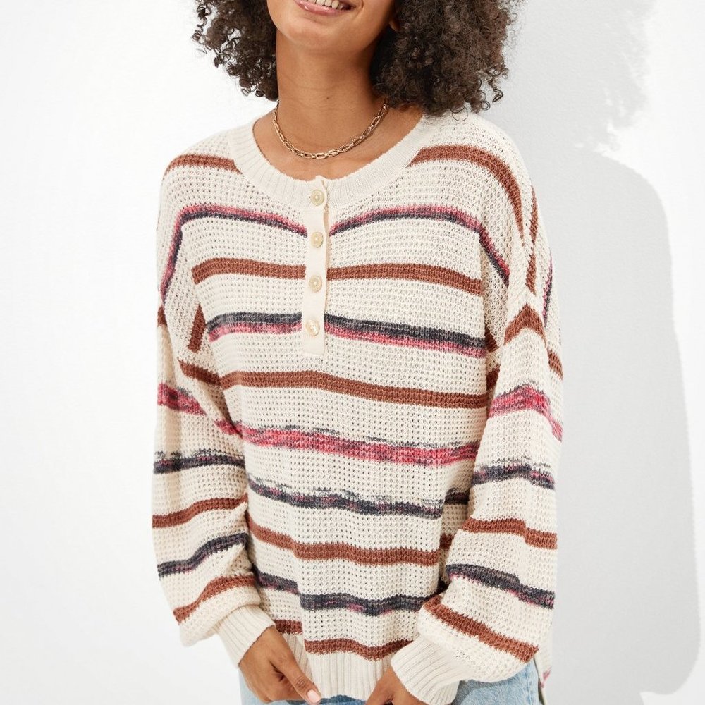American Eagle Oversized Henley Striped Sweater